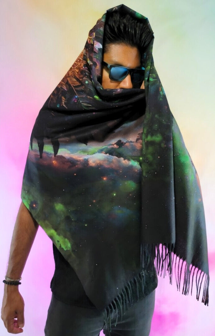Pashmina Comic Breakthrough design wrapped around the head front view