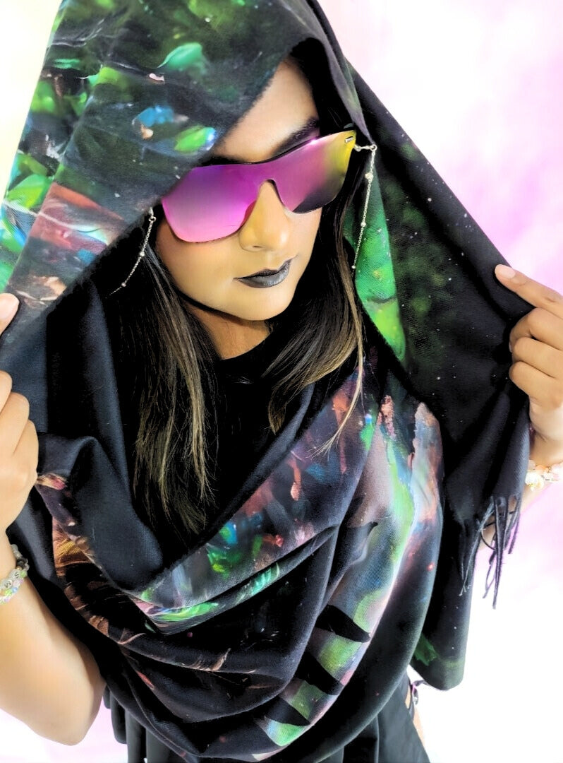 Pashmina with Cosmic Breakthrough design wrapped like a hood