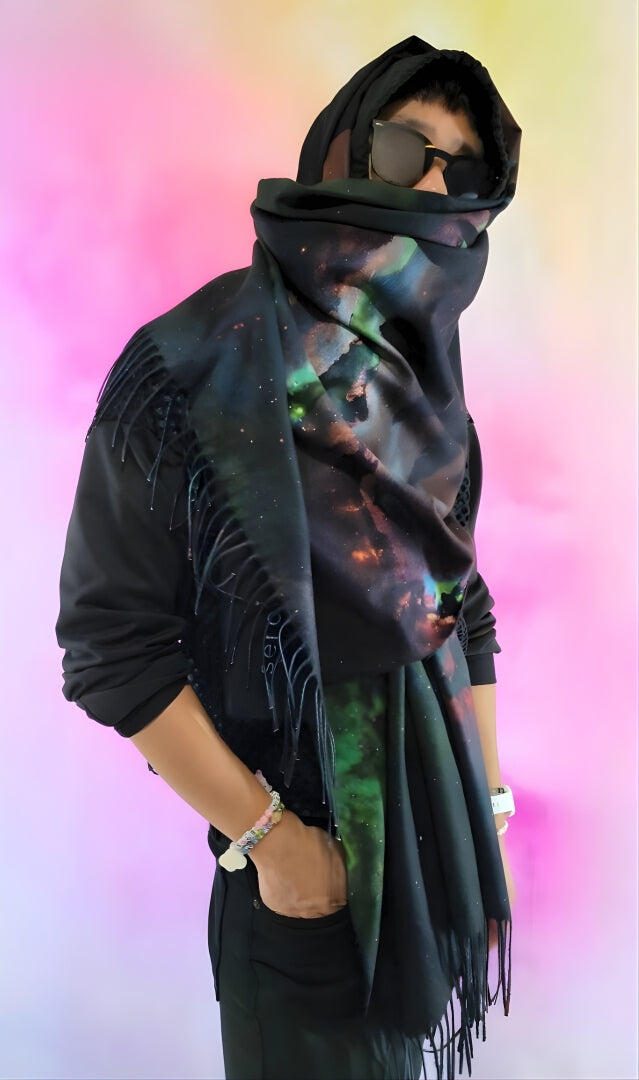 Pashmina with Cosmic Breakthrough design wrapped around the head