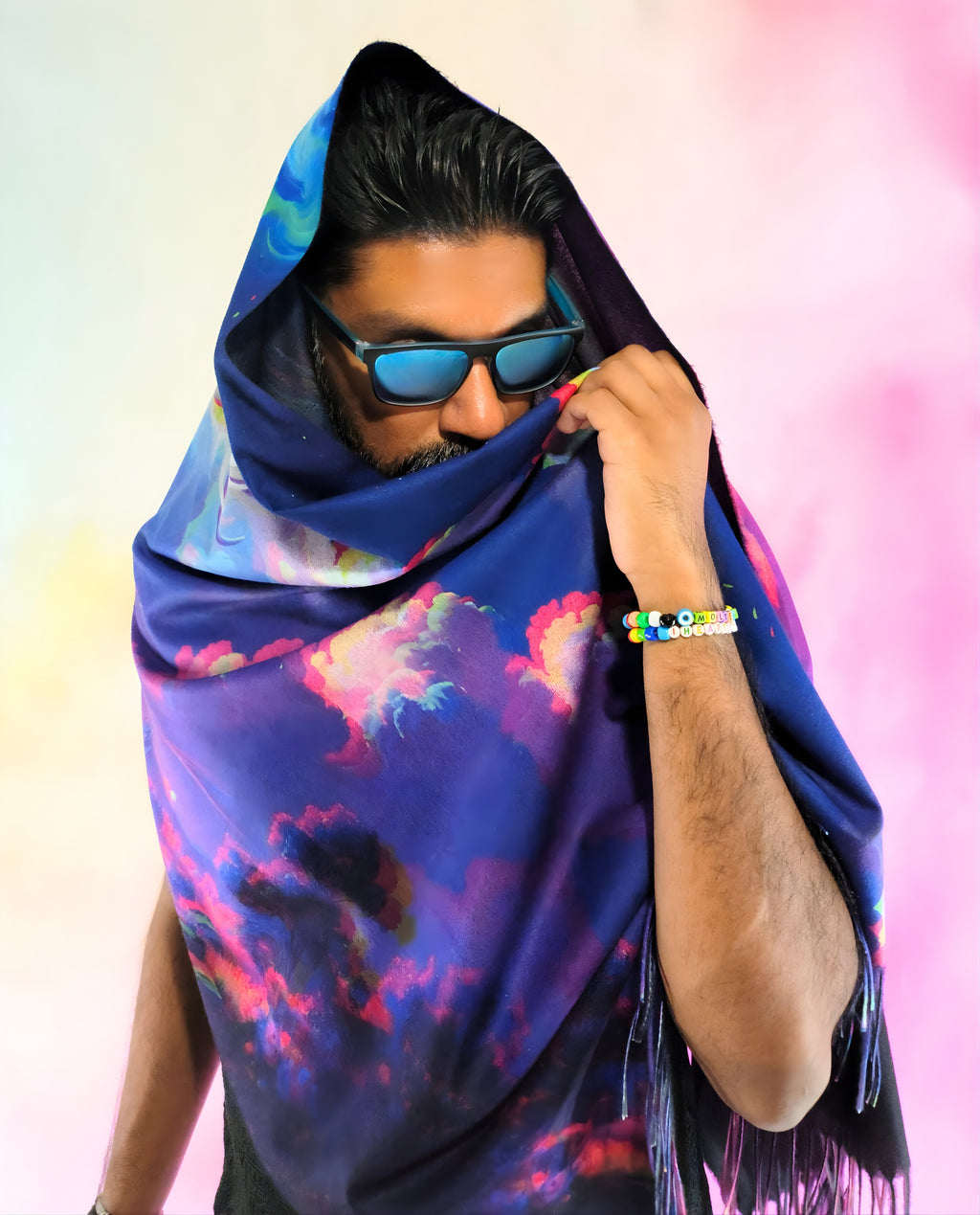 Pashmina with Majestic Stag design wrapped around the head front view