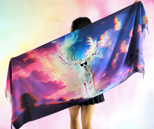 Pashmina with Majestic Stag design full display and spread out