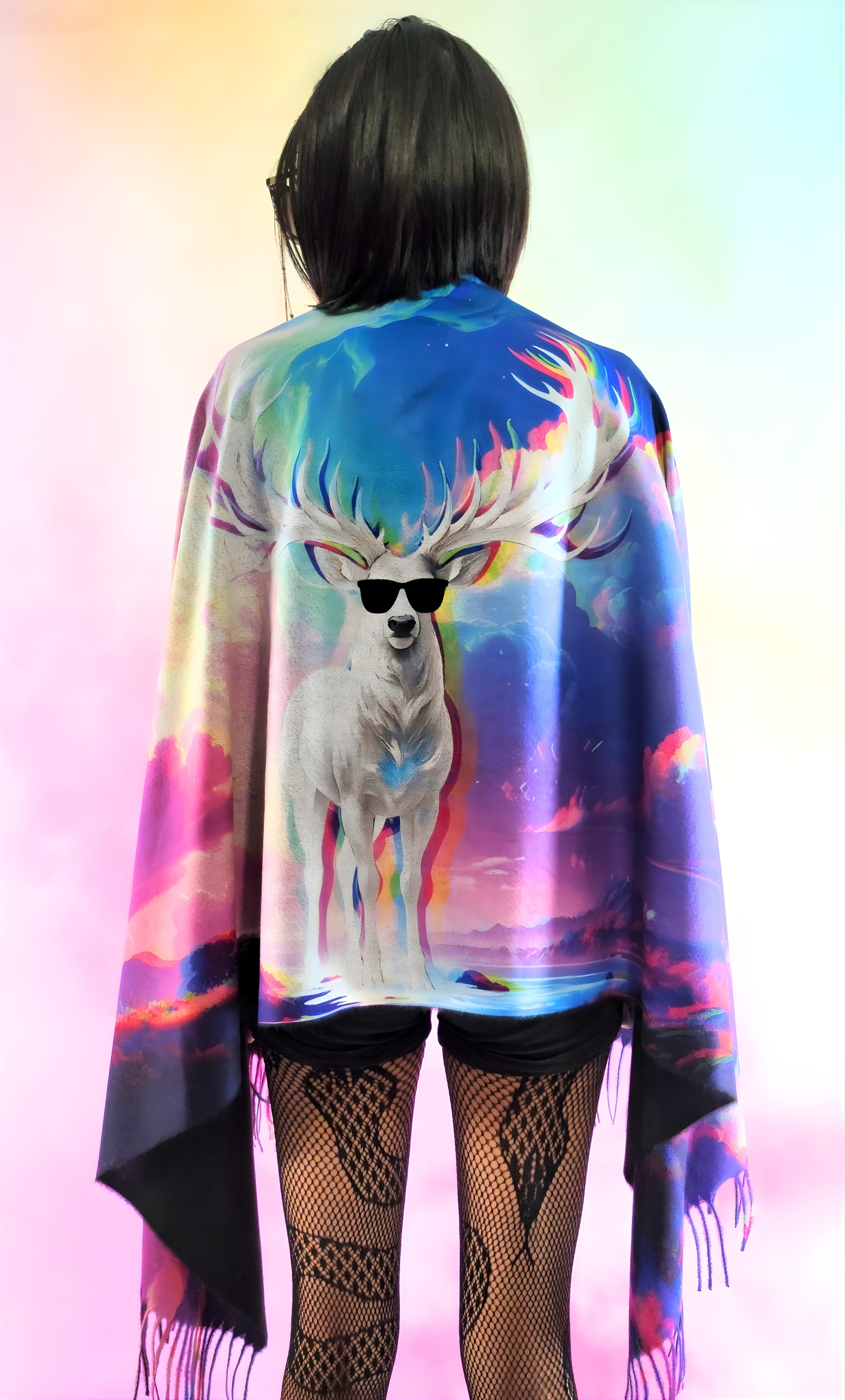 Pashmina with Majestic Stag design displayed over the shoulders back-view