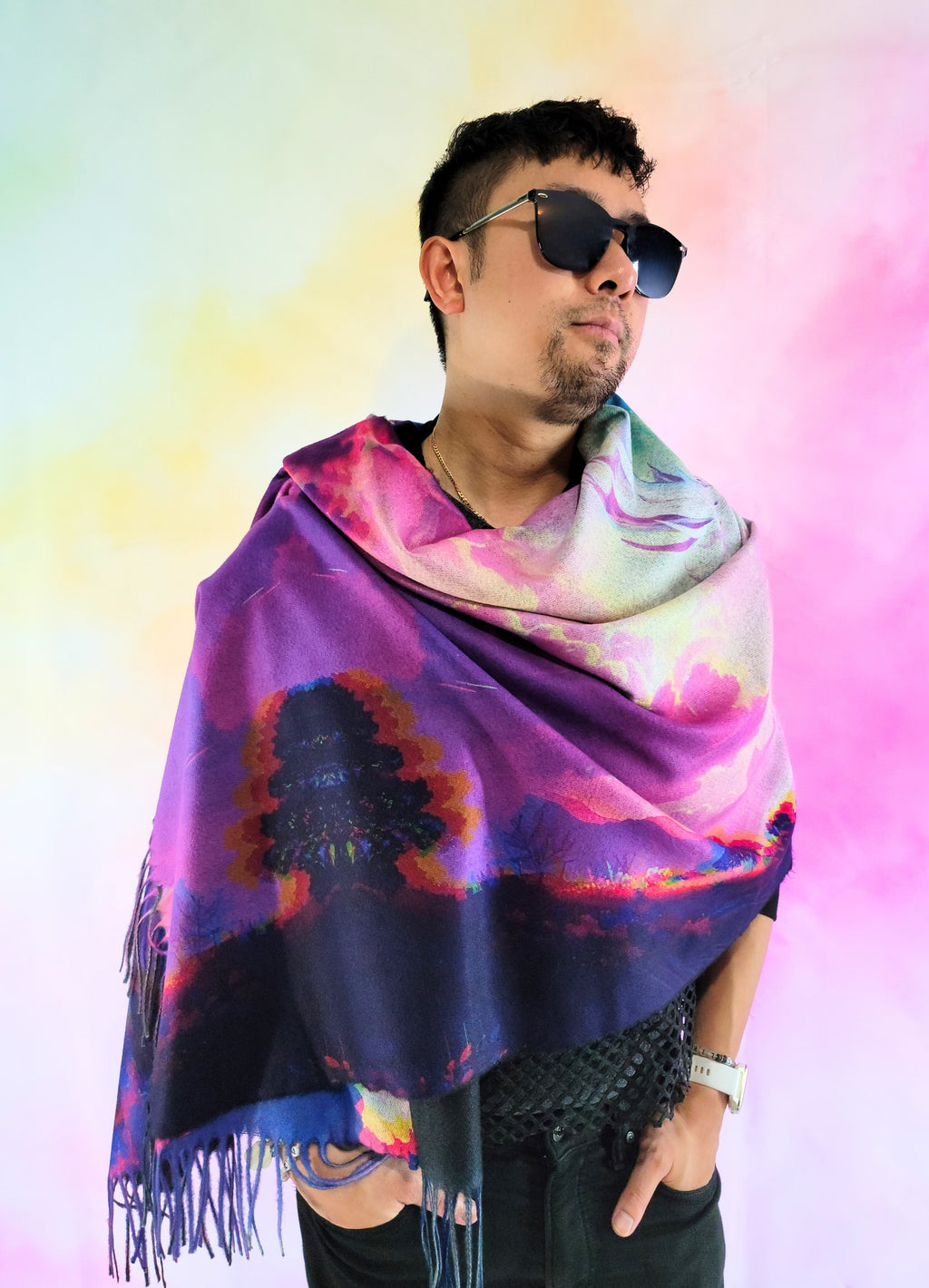 Pashmina with Majestic Stag design wrapped around the shoulders and displaying front view