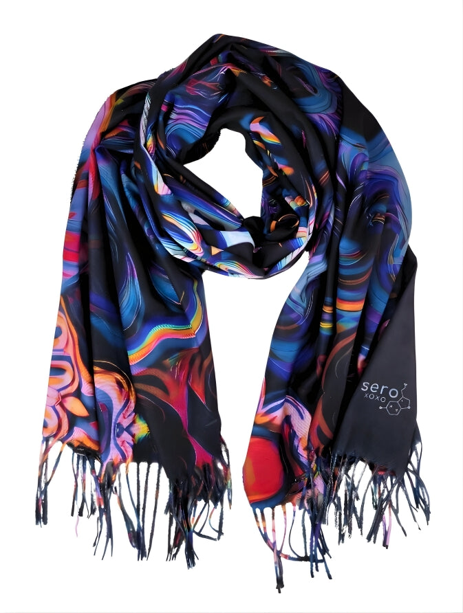 Pashmina with Medusa Untamed design being shown by bundling up and wrapped