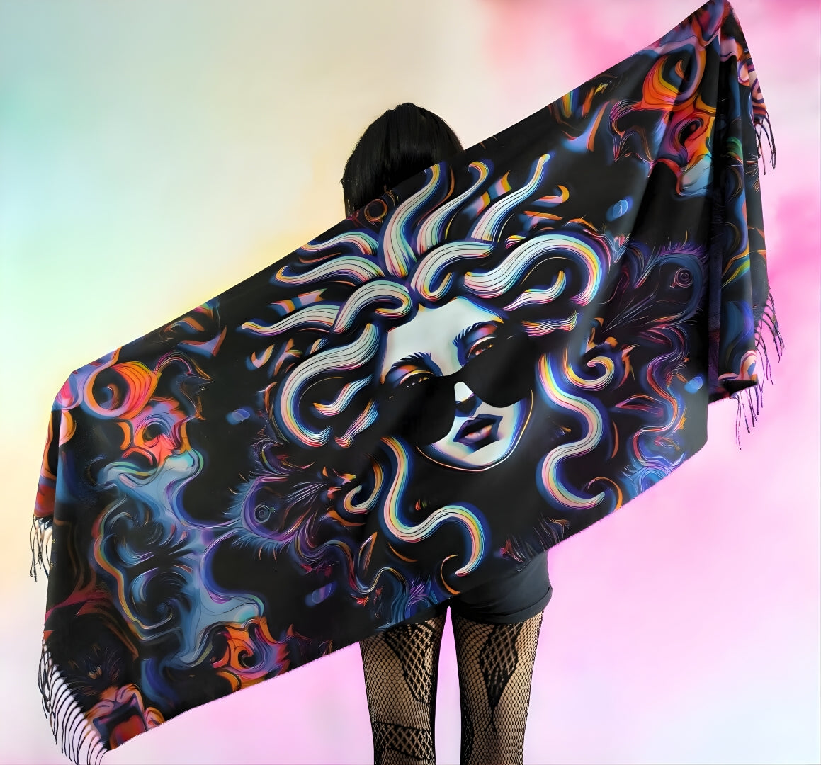 Pashmina with Medusa Untamed design being held behind and fully spread out to show the design