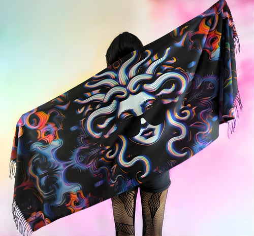 Pashmina with Medusa Untamed design being held behind and fully spread out to show the design