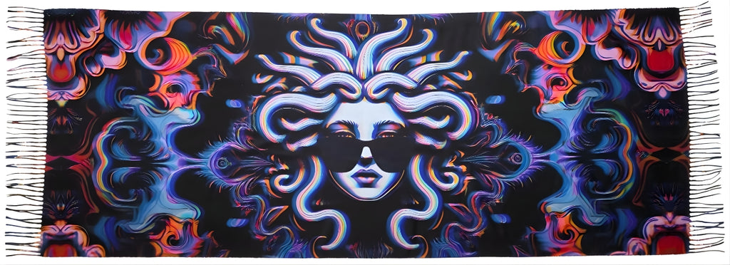 Pashmina with Medusa Untamed design full spread out to show off design