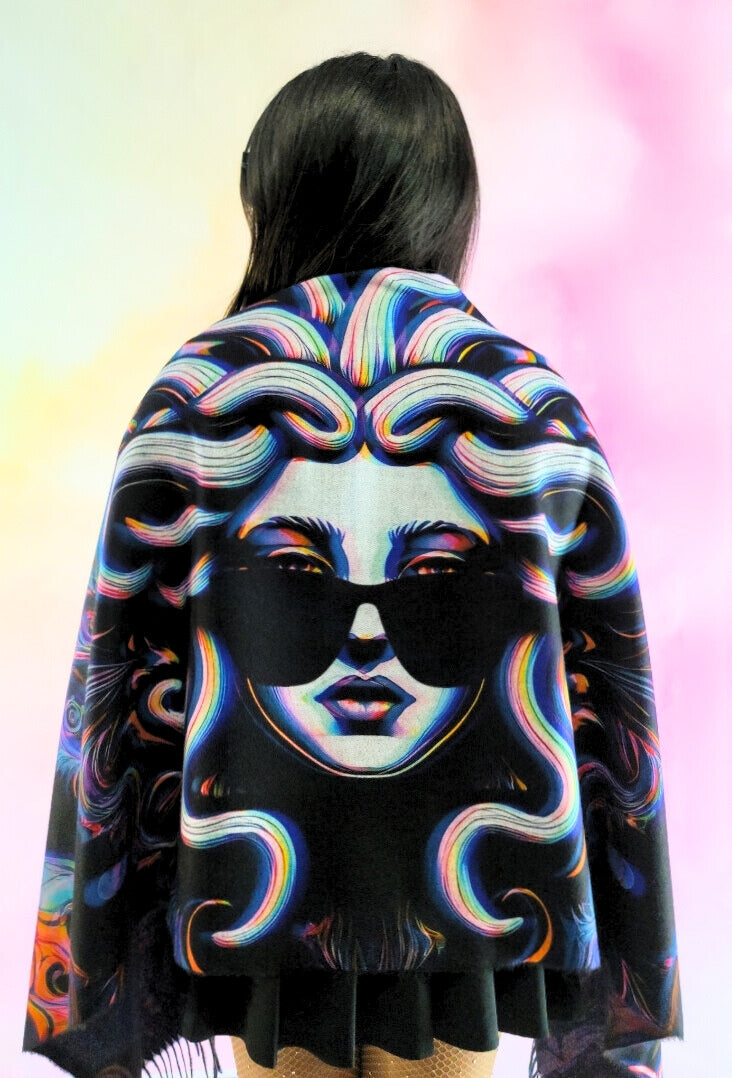 Pashmina with Medusa_Untamed design being shown on the back with medusa design showing