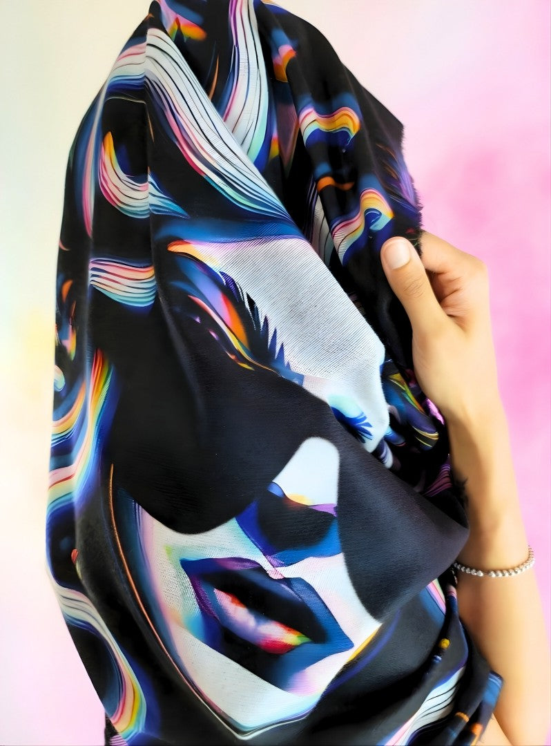 Pashmina with Medusa Untamed design over the head and showing how it looks in the back