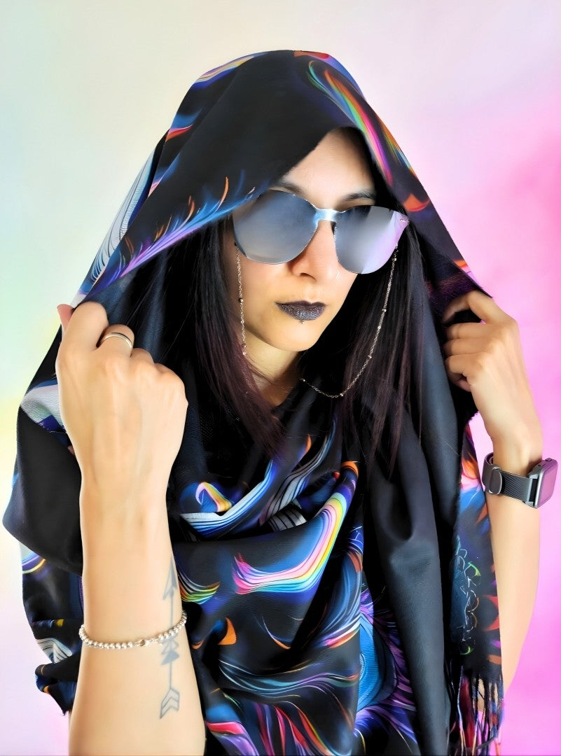 Pashmina with Medusa Untamed design being shown over the head and wrapped around the body front facing