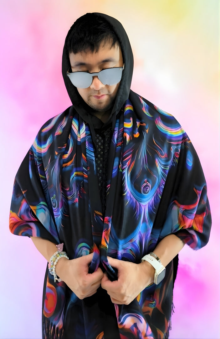 Pashmina with Medusa Untamed design wrapped around the shoulders 