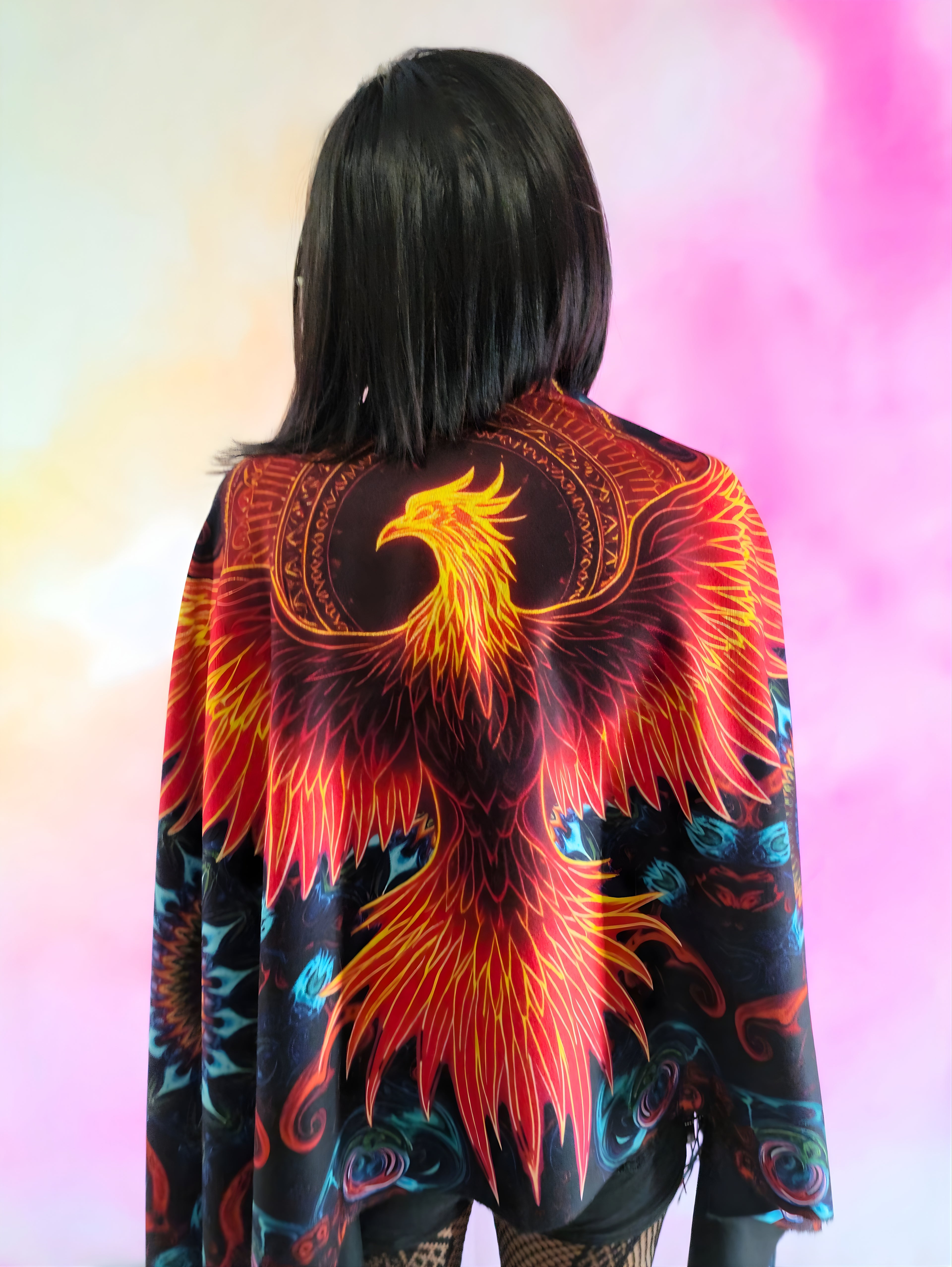 Pashmina with Phoenix Ignited design displayed over the shoulders with phoenix displaying