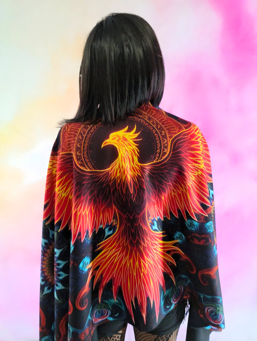 Pashmina with Phoenix Ignited design displayed over the shoulders with phoenix displaying