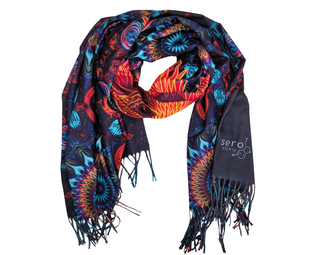 Pashmina with Phoenix Ignited design bundled up and wrapped for display