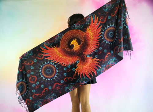 Pashmina with Phoenix Ignited design being held and fully showing the design