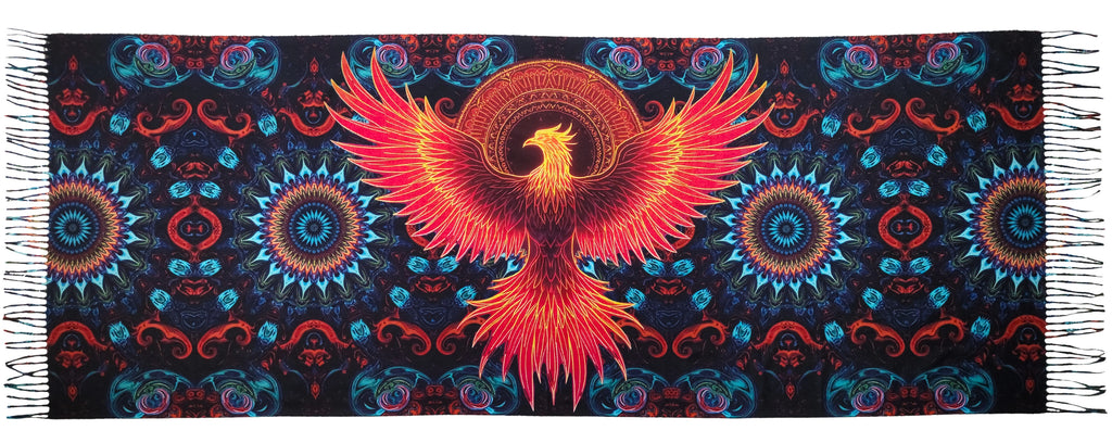 Pashmina with Phoenix Ignited design fully spread out to display full design