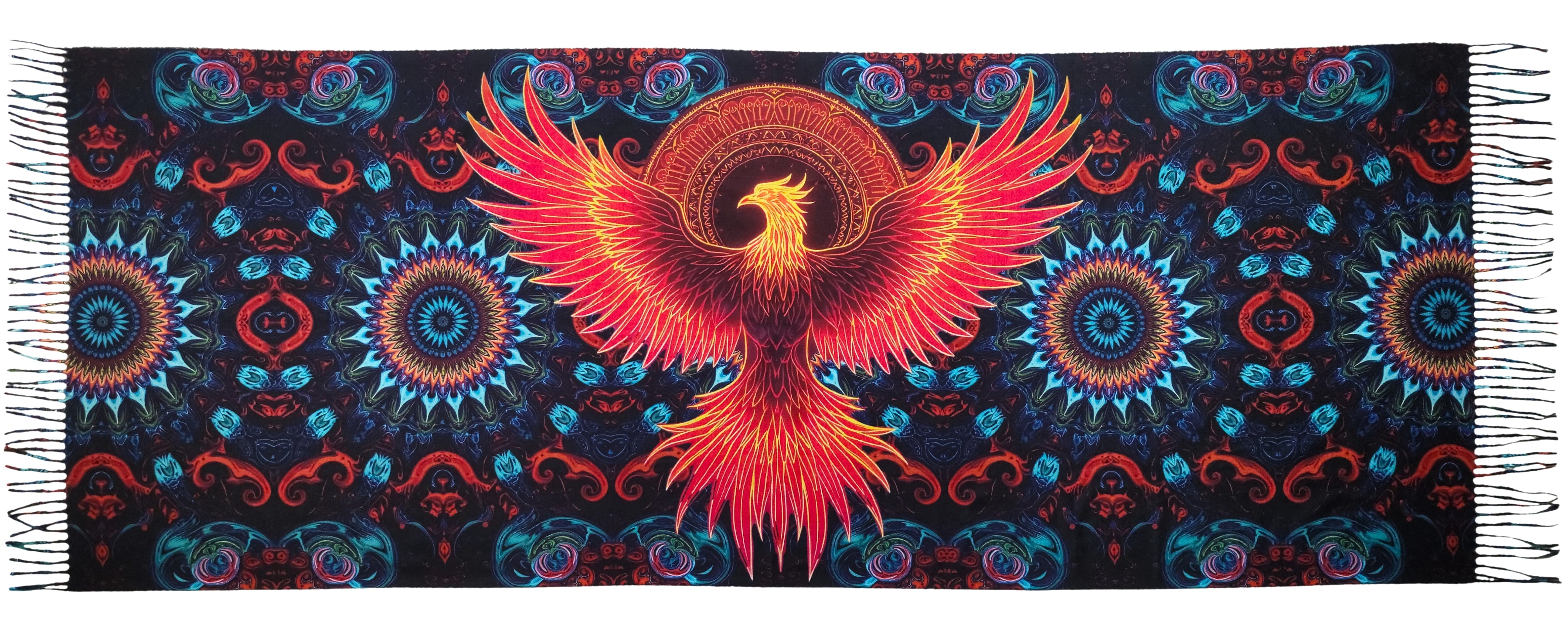 Pashmina with Phoenix Ignited design fully spread out to display full design
