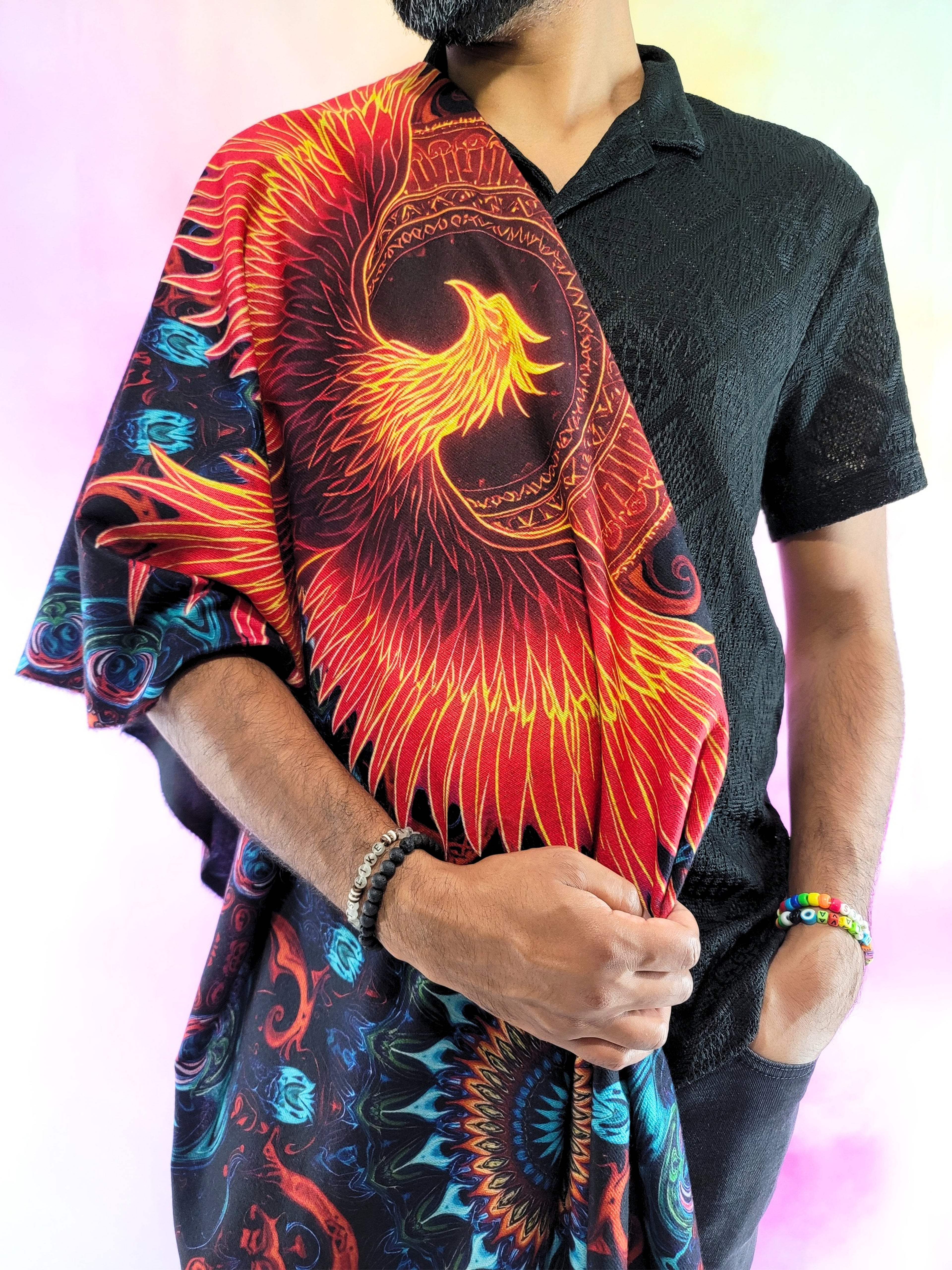 Pashmina with Phoenix Ignited design being shown over one shoulder with phoenix showing