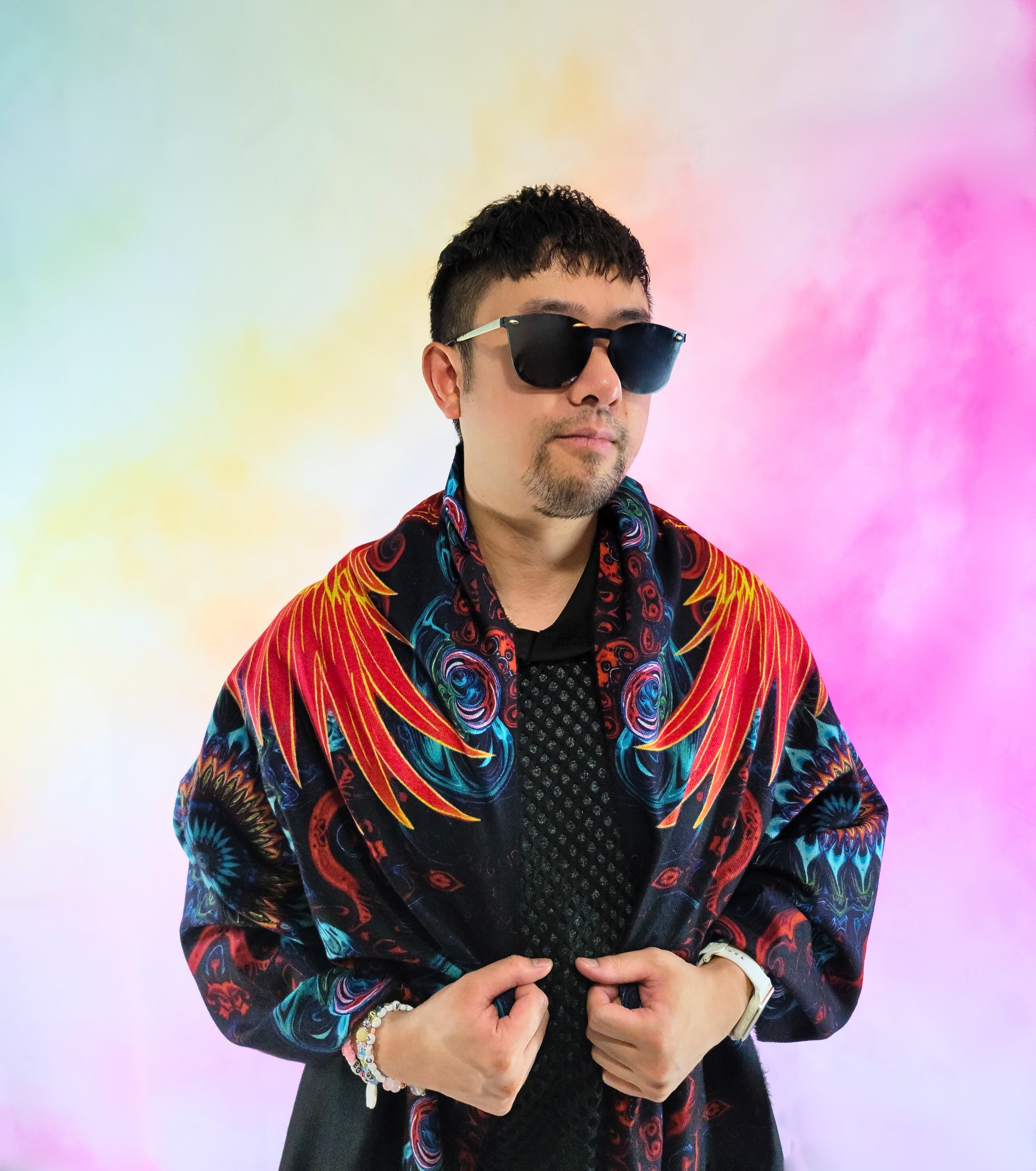 Pashmina with Phoenix Ignited design over the shoulder front view and displaying wings on the shoulders