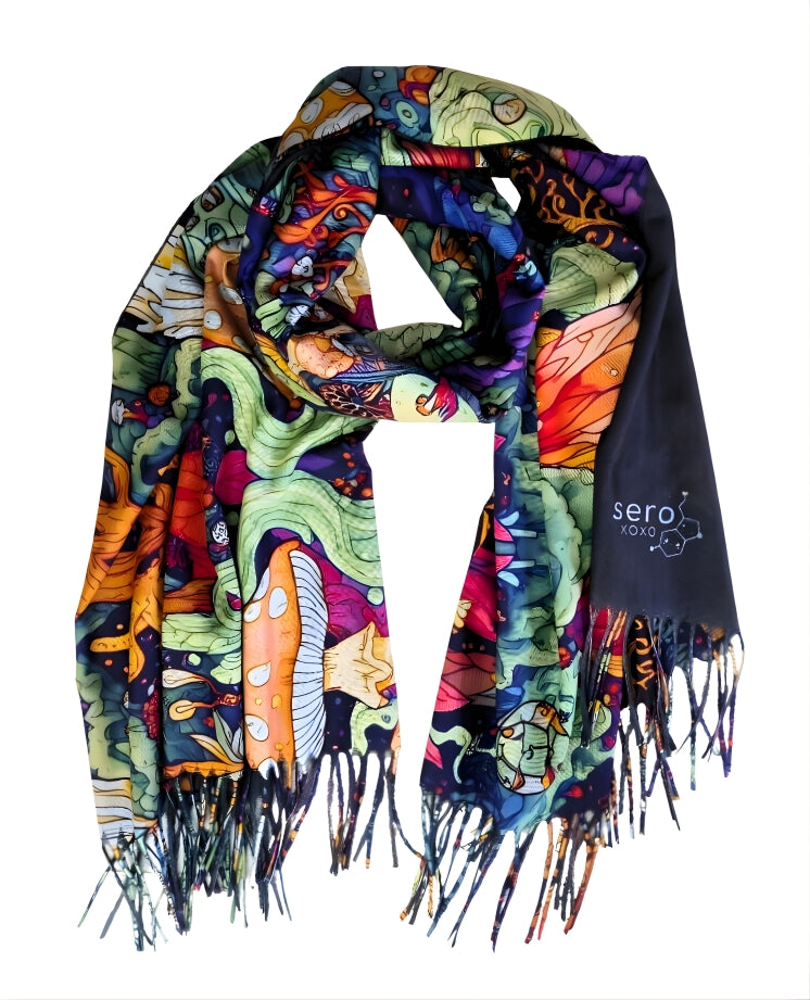 Pashmina with Shroomiverse design displayed while wrapped in a bundle