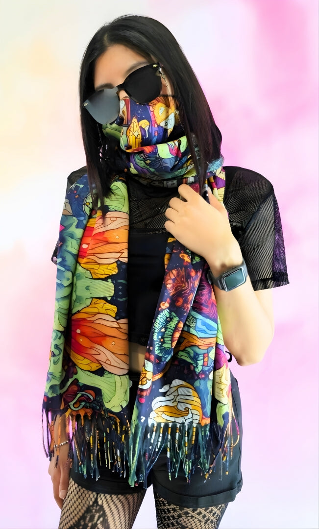 Pashmina with Shroomiverse design wrapped around the mouth like a face covering to show the design