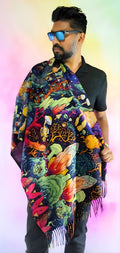 Pashmina with Shroomiverse design displayed over the shoulder male model