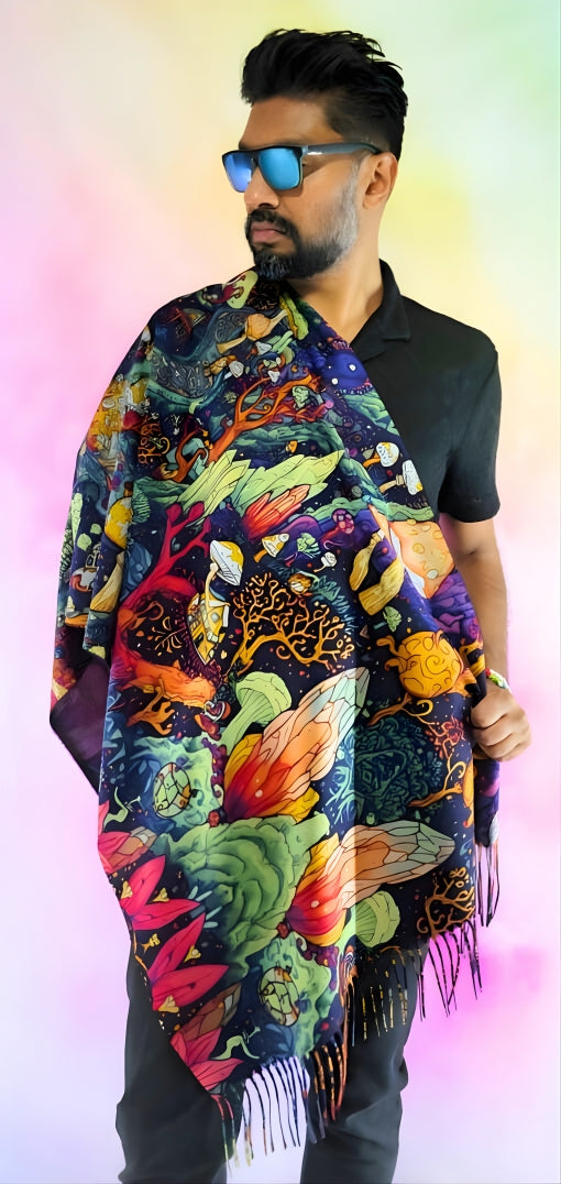 Pashmina with Shroomiverse design displayed over the shoulder male model
