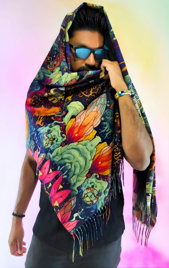 Pashmina with Shroomiverse design shown wrapped around the head and over the body