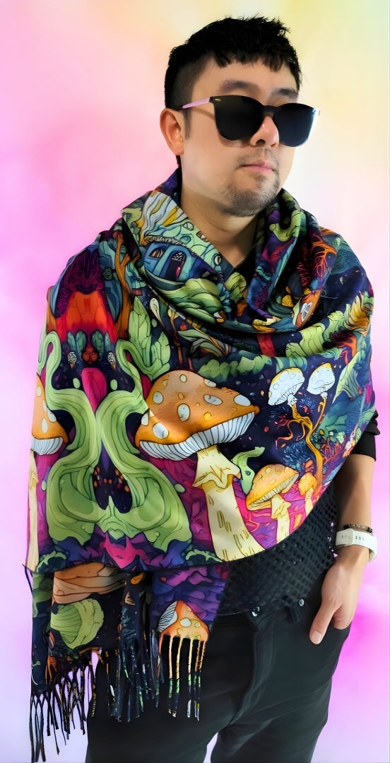 Pashmina with Shroomiverse design wrapped around the front like a scarf showing the design