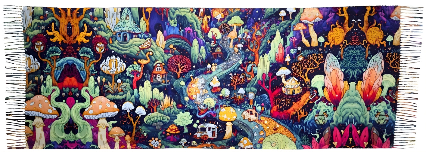 Pashmina with Shroomiverse design being displayed fully spread out