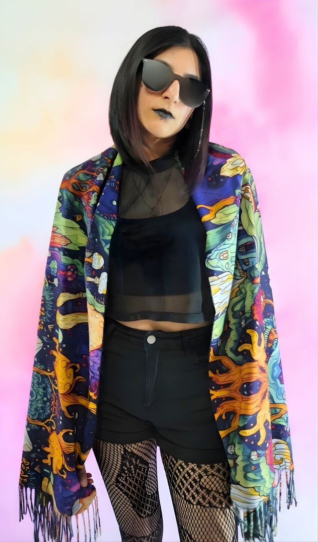 Pashmina with Shroomiverse design front view displayed over the shoulders 