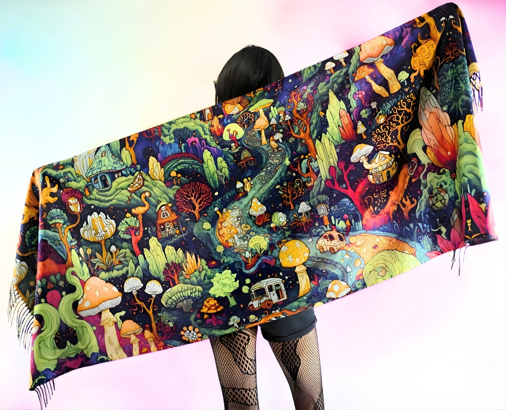 Pashmina with Shroomiverse design being held over the back and spread out to show the design