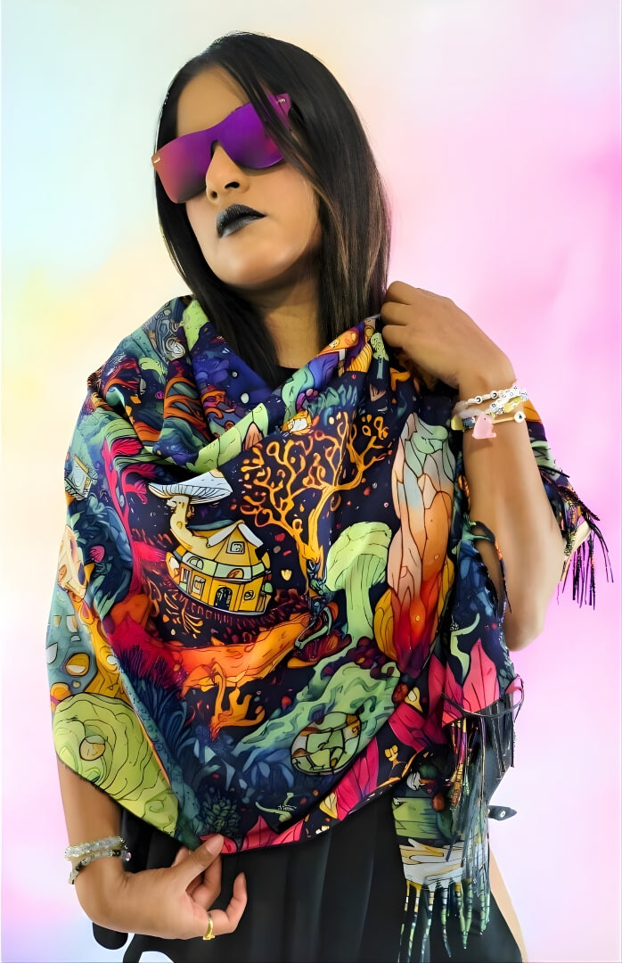 Pashmina with Shroomiverse design wrapped around the shoulders like a scarf displaying the design