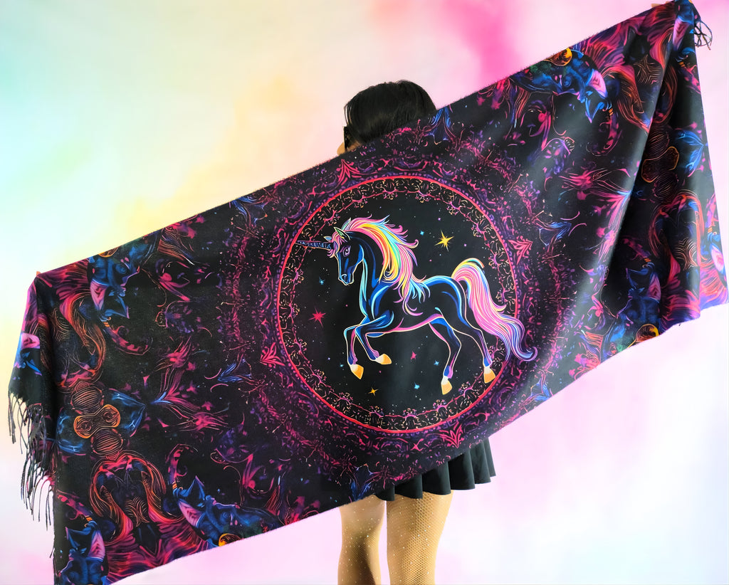 Pashmina with Unicorn Reborn design held from the back full view