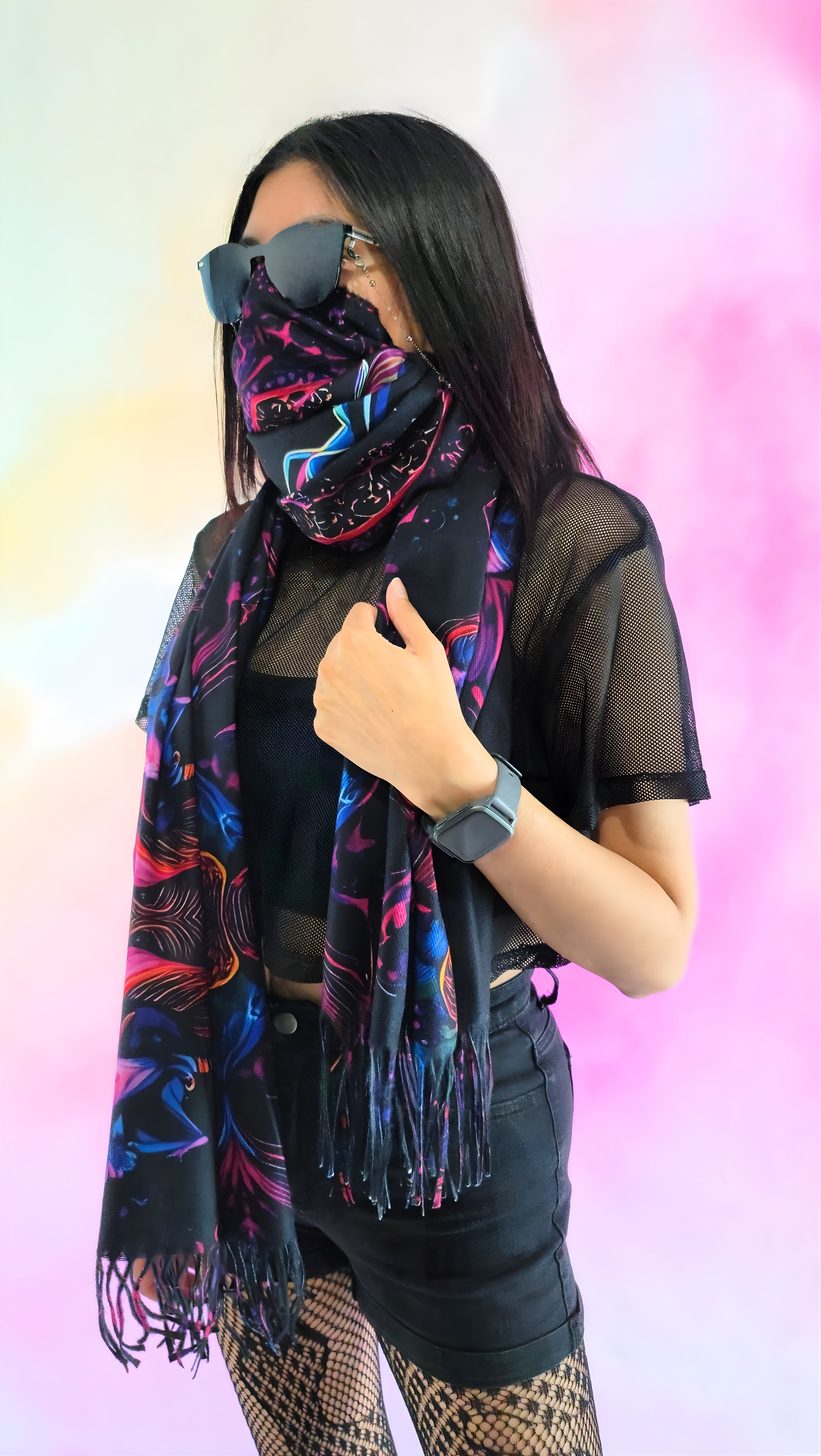 Pashmina Unicorn Reborn design wrapped around the mouth like a face covering