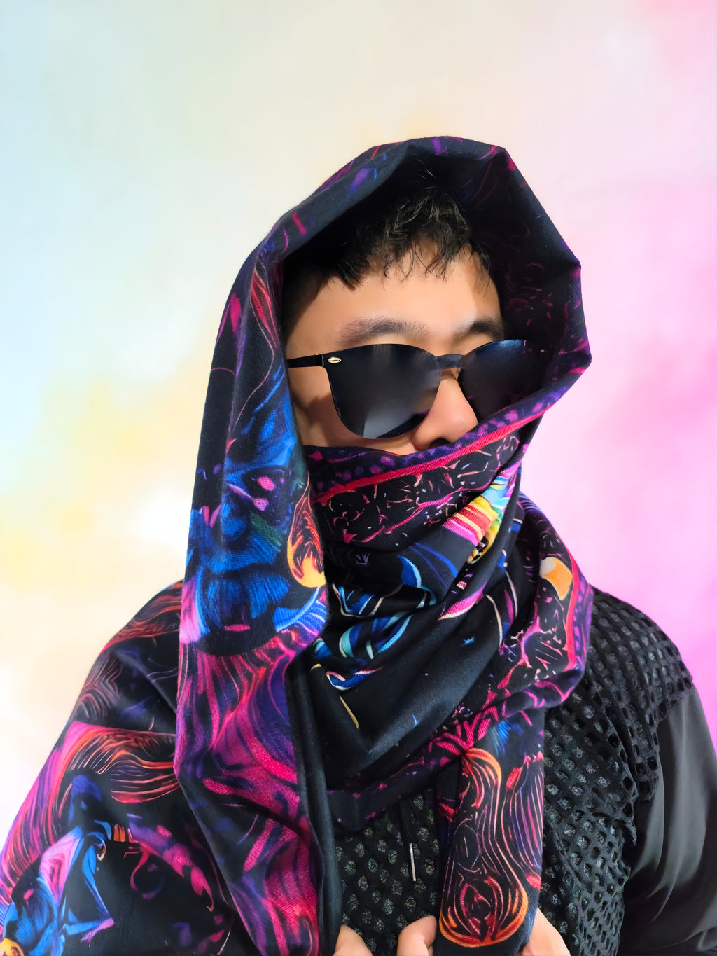 Pashmina with Unicorn Reborn design wrapped around the head front view